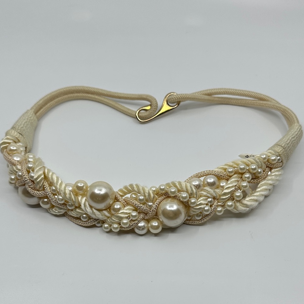 Fab Off White Faux Pearl Beaded Stretch Belt, Sz Sm/Med